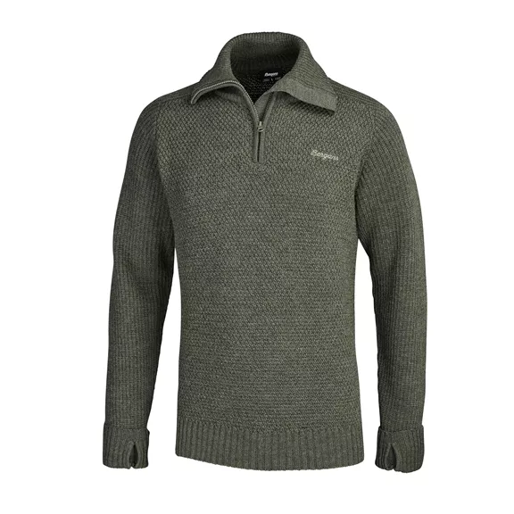 Bergans Ulriken Jumper férfi gyapjú pulóver, dark green mud, M.
