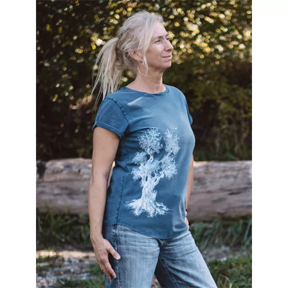 Life-Tree Olive Tree női póló, stone washed blue, XL.