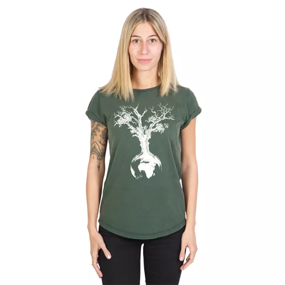Life-Tree Weltenbaum női póló, stone washed green,XL.