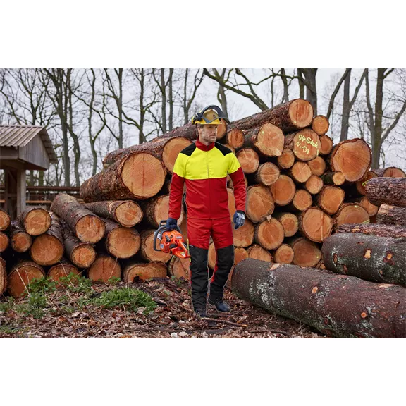 Profiforest Flex vágásbetétes deréknadrág, piros-neonsárga, 3XL + 7 cm.